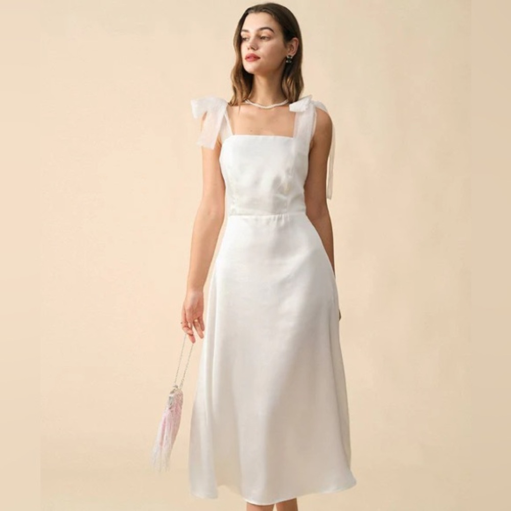 Rihoas Elegant White Tie Strap Midi Dress
